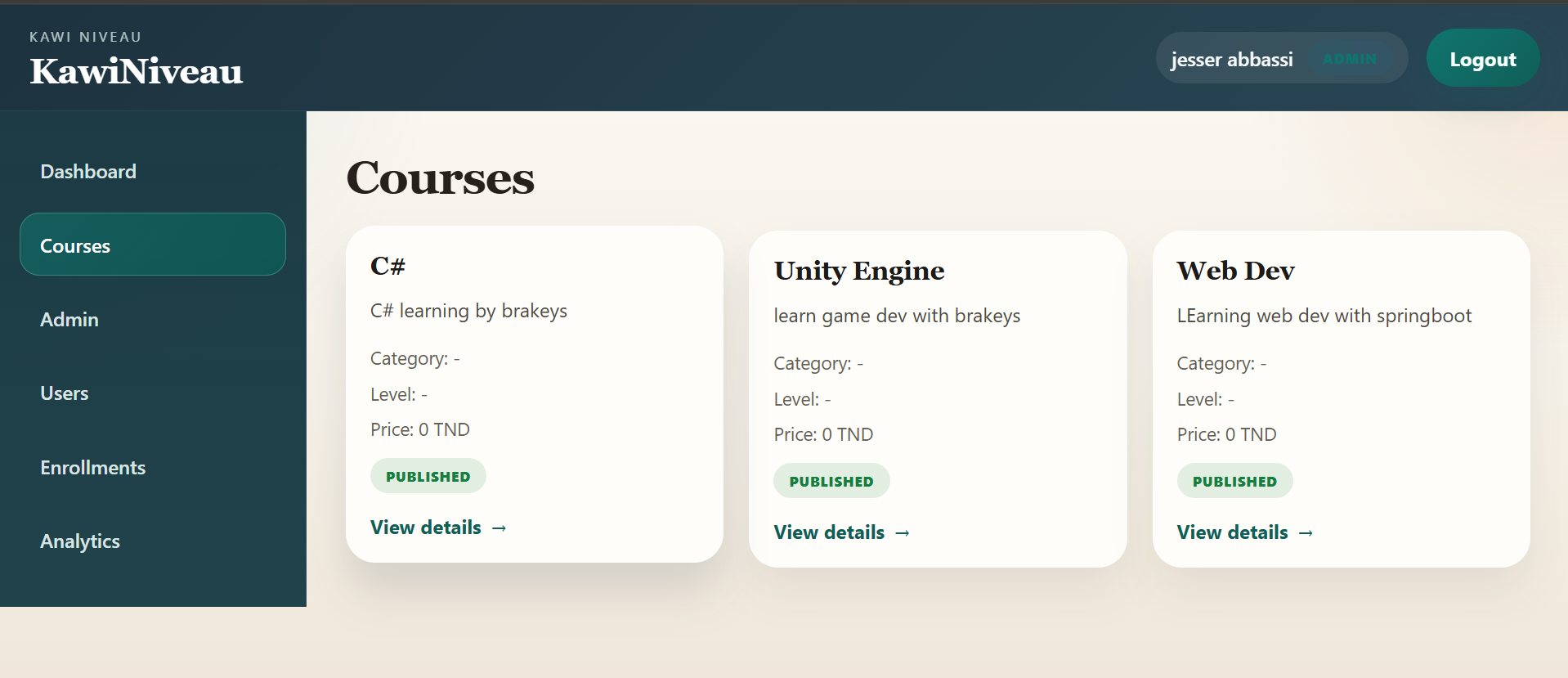 KawiNiveau lesson management screenshot